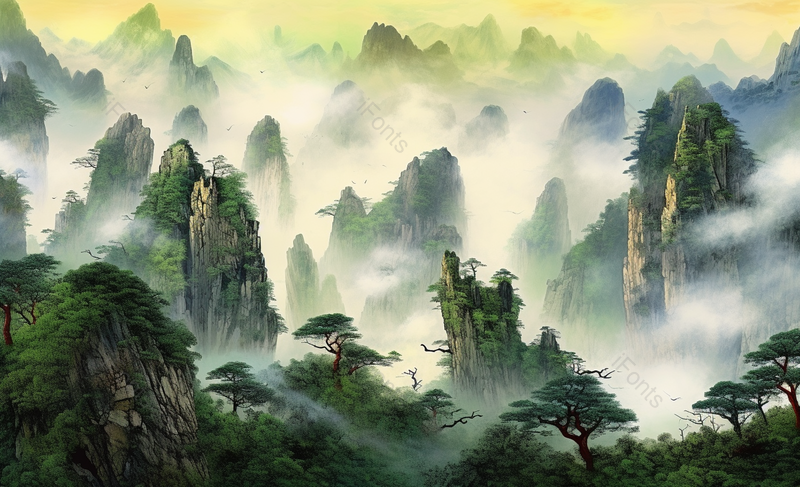 黄色日出云雾缭绕的山川风景画,插画/手绘图,插画/手绘图库,插画/手绘图下载,插画/手绘